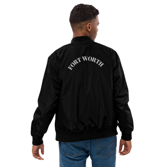 817 WHT font BLK outline Premium recycled bomber jacket