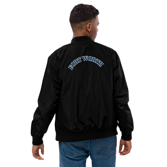 817 BLU font WHT outline Premium recycled bomber jacket