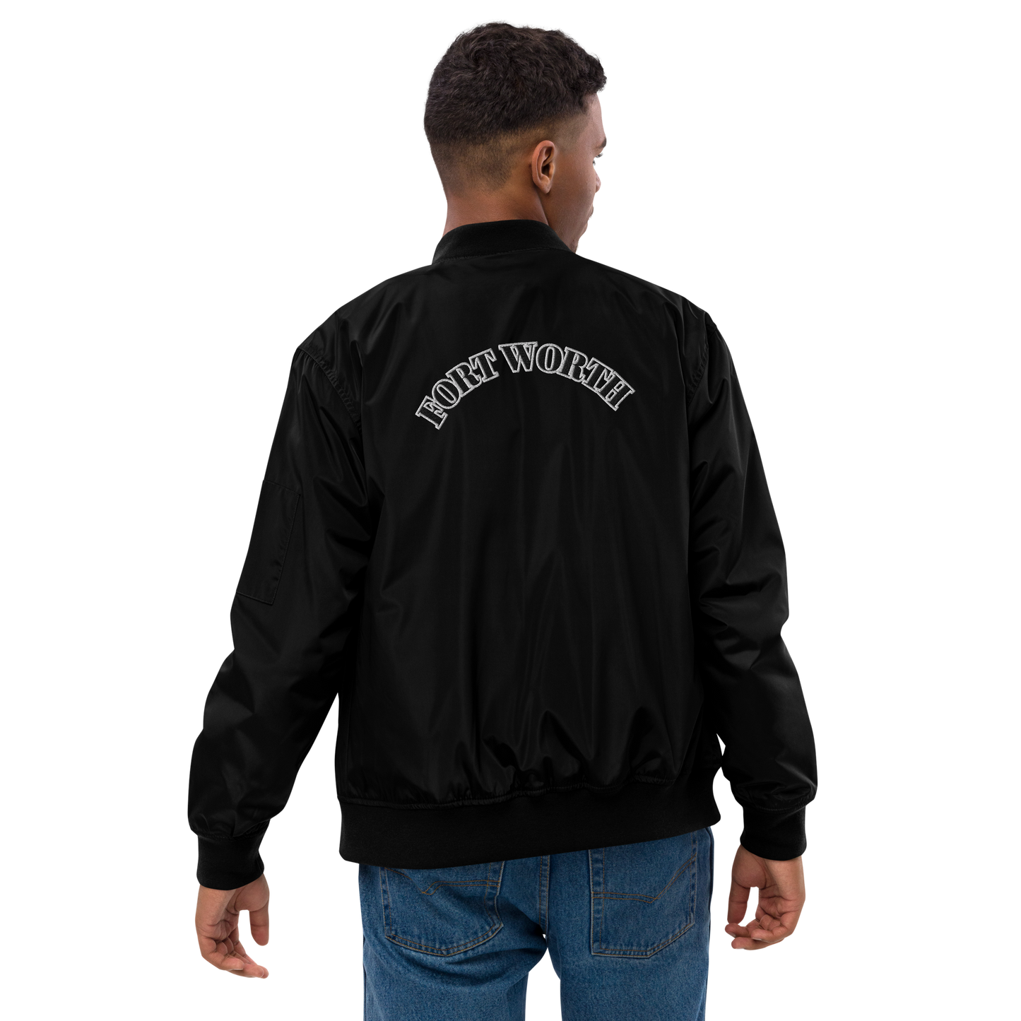 817 BLK font WHT outline Premium recycled bomber jacket