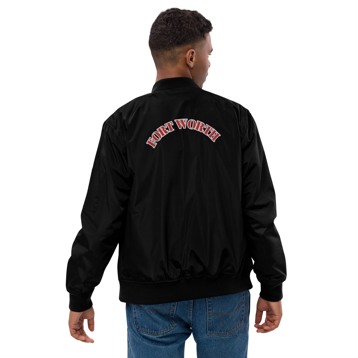 817 Red font WHT outline Premium recycled bomber jacket