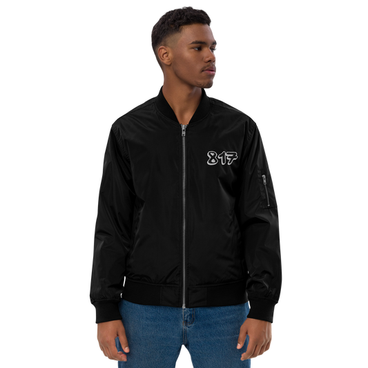 817 BLK font WHT outline Premium recycled bomber jacket