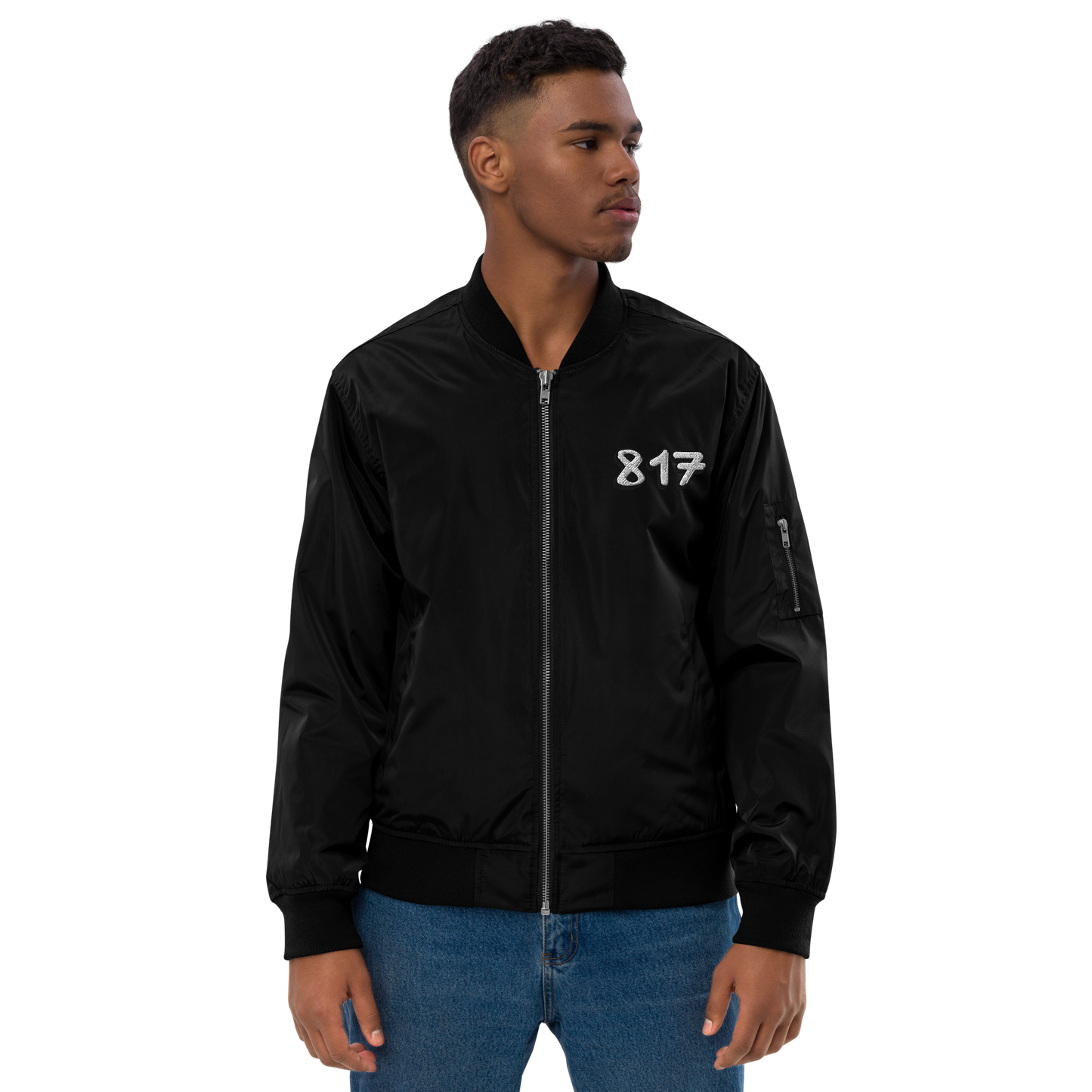 817 WHT font BLK outline Premium recycled bomber jacket
