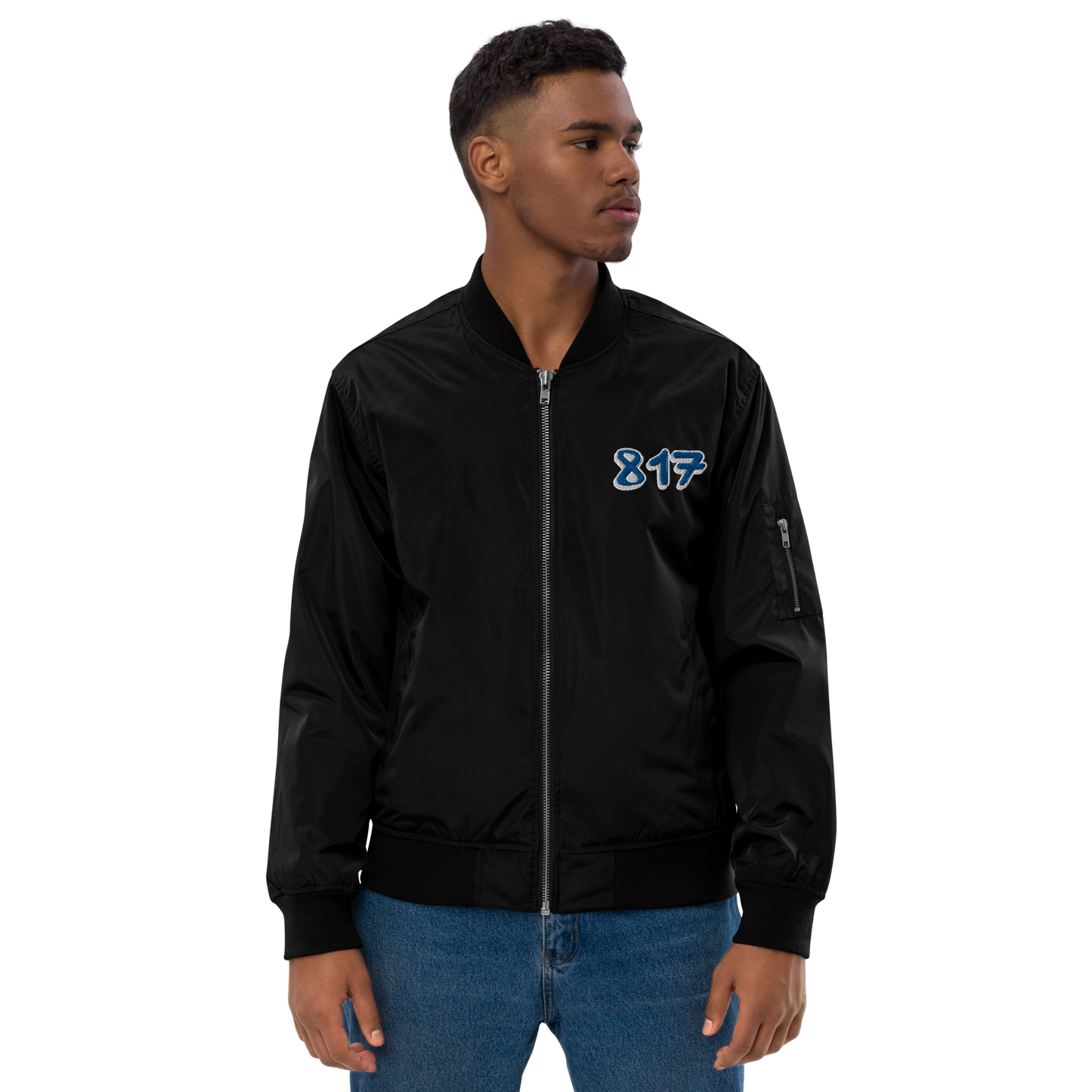 817 BLU font WHT outline Premium recycled bomber jacket