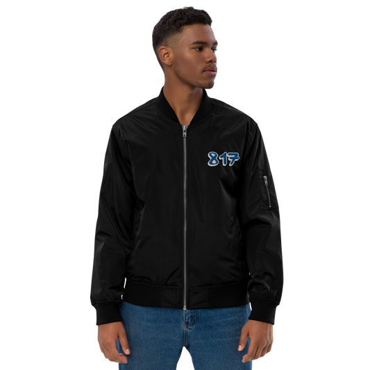817 BLU font WHT outline Premium recycled bomber jacket